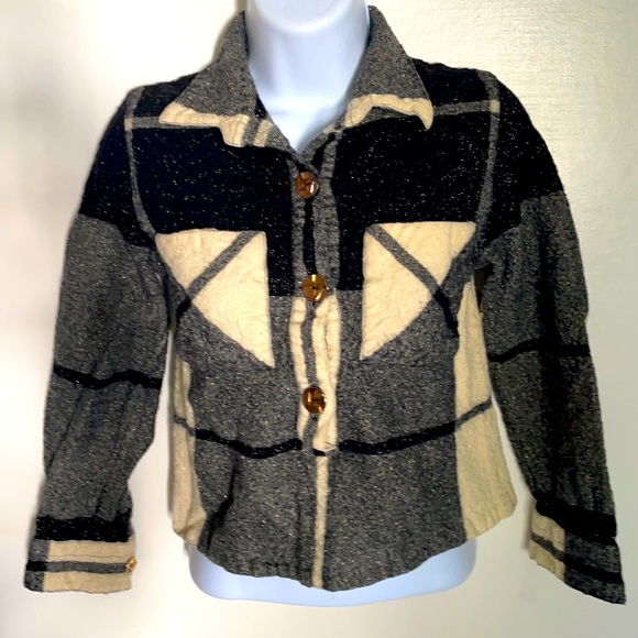 Donna Mizar wool cropped plaid 3/4 sleeve 3/4 button down front pockets top 40 - Picture 1 of 8